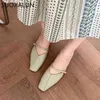 Suojialun 2021 Nya Kvinnor Slipper Round Toe Slip på Mules Skor Låg häl Outdoor Casual Kvinna Sandaler Grön Zapatillas Mujer K78