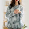 Ramie Casual Solto Soft Bluses para Mulheres Chic Design Elegante Camisas Primavera Sky Collar Vintage Feminino Top Roupas 210525