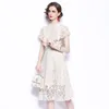 Ankomst Elegant Lace Hollow Out Design Slim Stand Colla Dress Robe Kvinnor Hög midja Solid Party Dresses Vestidos 210520