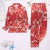 Outono Inverno Impressão Padrão Mulheres Pijama Set Setin Silk Desligado Collar Pijama Sleepwear Longo Manga Calças De Dois Paper Suit 210809