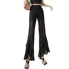 Dames zomer zwarte chiffon onregelmatige flare broek dunne elastische hoge taille losse veelzijdige drape casual brede beenbroek voor vrouwen q0801