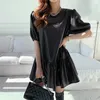 Aelegantmis Koreanische Mode Puff Sleee Frauen Schwarz Pu Leder Plissee Mini Kleid Stilvolle Ins Weibliche 210607