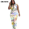 CM.YAYA Frauen Set Graffiti Print ärmellose Turn-Down-Tops Mantel elastische lange Legging Hosen 2 Zweiteiler Set Mode Outfit 210727