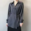 Blusa holgada de talla grande de otoño para mujer, camisas de chifón liso con una hilera de botones, cárdigan de manga larga, Tops de encaje para mujer 11959 210508