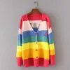 Ленивые скучные приборы Rainbow Striped Cardigan негабаритный с длинным рукавом вязаные вязаные женские свитера Cardigans Harajuku находятся / 210812