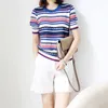夏ニット縞模様のトップ高品質女性のOネック半袖Tシャツ女性プルオーバートップスB-120 210623