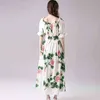 Sommer Runway Designer Off Shoulder Elastische Taille Urlaub Kleider Frauen Slash Neck Rose Floral Print Urlaub Maxi Kleid 210416