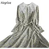 NEPLOE LAND PATCHWORK Elegante jurk Dames Hoge Taille Hip Sashes Een Lijn Vestidos Peter Pan Collar Lange Mouw Pullover Robe 210423
