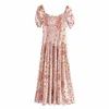 Summer Dress Pink Patchwork Print Midi es Women Short Puff Sleeve Party African Woman Vintage Draped Vestidos 210430