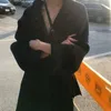 女性のウールブレンド女性ウィンターラペルジャケットウールロングコートカーディガンエレガント温かいゆるいルーズ包帯のポケットブラックイエロープラスs