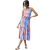 Vestidos Ärmlös Vintage Dress Kvinnor Sommar Mode Sexig Bandage Off-Shoulder Bow Tie-Dye Midi 210508