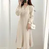 ヴィンテージ韓国のプリーツドレス長袖スリムな女性セーターESニットエレガントなミディパーティー秋220210