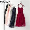 KOBOV Verão Spaghetti Strap Vestidos Doce Malha Retalhos A linha Robe Femme Coreano Casual Vintage Chic Vestido 210430