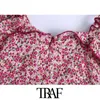 Kvinnor Chic Fashion Ruffled Floral Print Mini Dress Vintage Tied V Neck Wide Straps Kvinna Klänningar Vestidos 210507