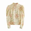 Elegant Women Vintage Print Shirts Fashion Ladies O-Neck tops Chinese Style Female Chic Beige Puff Sleeve Blouses 210430