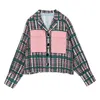 Grön Plaid Chiffong Långärmad Knappficka Slå ner Krage Shirt Blouse Top Office Lady Fall B0669 210514