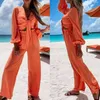 2021 Casual Solta Beach Suit Elegante Tie-Up Tops e Lady High Cintura Calças Roupas Moda Moda Sólida Manga Longa Dois Peça Set Y0625