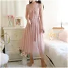 Comelsexy Spring Summer Dress 2 Piece Set Spaghetti Strap A Line Mesh Dress Lace Shirts Suit Women Sweet Cute Blouse Dress 210515