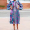 Femmes Imprimé Robe Grand Bowtie Col Floral Manches Longues Plissée Une Ligne Plus La Taille Élégante Femme Bureau Chic Mode Africaine 210416