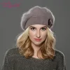 Vinter Kvinnor Beret Hat Stickad ull Angora Beret Enkel och snygg minkblomma dekorationslock Dubbel varm hatt