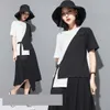 Getspring Kadın Gömlek Bandaj Siyah Beyaz Renk Eşleştirme Düzensiz Gömlek Asimetri Pamuk Kadın Ops Moda 210601