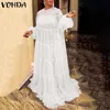 Bohemian Maxi длинное платье 2021 Vonda Sexy Robe Femme фонарь рукава длиной до пола вечеринка пляж праздник Vestido Y0823