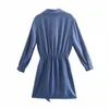 Printemps Bleu Mini Satin Robe Femmes Élégant Noeud À Manches Longues Femme Mode Taille Élastique Casual es 210519