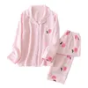Świeże brzoskwiniowe słodkie strój do snu Zestawy piżamy sprężyny japońsko 100% bawełniane długie rękawowe odzież nocna Kobiety Kamamę Paszyjną odzież domową 210330