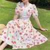 Lato Vintage Dress Dla Kobiet Bawełniana Lniana V-Neck Rose Róża Drukowana Vestidos Lady Krótki Rękaw Party ES 210603