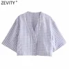 Women Vintage V Neck Plaid Print Casual Short Smock Blouse Female Buttons Loose Shirt Chic Kimono Chemise Tops LS9259 210416