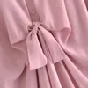 Kvinnor Lace Up Bowknot Side Slit Pink Midi Shirt Klänning Kvinna Långärmad Kläder Casual Lady Loose Vestido D7523 210430