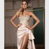 Arabic Aso Ebi Corset Evening Dresses 2022 Sexy High Split Strpless Lace Appliques Beaded Special Ocn Party Gowns Mermaid Sweep Train Women Formal Wear 328 328