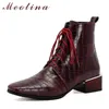 Med Heel Women Boots Square Toe Ankle Lace Up Chunky Shoes Female Short Autumn Winter Brown Big Size 210517