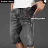 Été Hommes Anti-vol Zipper Jeans Shorts Mode Casual Droite Gris Force Élastique Denim Court Mâle Marque 210629