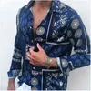 Men Fashion Button Up Retro Shirts Mens Vintage Ethnic Style Printing Loose Long Sleeve Turn Down-Collar Top Shirt Men's Casual