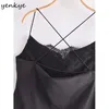 Lace Trims Satin Sexy Sling Dress Women Vintage Black Backless Summer Night Out Club Mini Vestido 210514