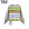 TRAF Moda donna Crossover Striped Wrap Camicette ritagliate Vintage manica lunga Side Bow Tied Camicie femminili Chic Top 210415