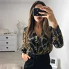 Women's Jumpsuits & Rompers Women Sexy Deep V-Neck Silk Bodysuit Office Ladies Overalls Hollow Back Chain Print Bodysuits Tops Long Sleeve J