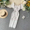 Court femmes col carré taille haute mince dentelle robe dame à manches courtes élégant Vintage Vestidos K328 210527