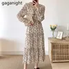 Printemps V-Cou Tendre Vintage Robe Floral Imprimer Slim Volants En Mousseline De Soie Papillon Manches Lady Robes Taille Élastique 210601