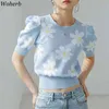 Sommer Gestrickte T-shirt Frauen Koreanische Chic Floral Kurze Puff Sleebe Tops Oansatz Mode Vintage Damen T-shirt Femme 210519