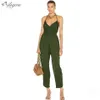 Summer Women's Army Green Sexy Sleeveless Halter V-neck Pleated Celebrity Party Jumpsuit 210527