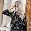 Foridol Star Print V-hals Lace Up Blouse Shirt Dames Elegante Dames Kantoor Wit Blouse Tops Herfst Winter Black Blouse 210415