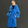 女性ウールコート春の本物の毛皮の襟ウールのジャケット調節可能なウエストスリムレディースロングオーバーコート211106