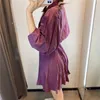 Purple Mini Shirt Dress Women Autumn Long Sleeve Collared Ruched Short Woman Elastic Waist Vintage Casual es 210519