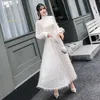 Kobiety Elegancki Wiosna Lato Niesamowite Tassel Feather Solid CHIC Latarnia Rękaw Seksowna Party Długa Sukienka Siatka Vestido 210416