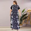 Plus Size Dress Summer Elegant Vintage Print maxi Long O Neck Short Sleeve Navy Blue Women Clothing Big 210517