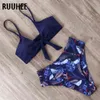 Ruuhee Bikini Mayo Kadın Mayo Yüksek Bel Bikini Seti Ön düğüm mayo Kadınlar Yaz Plajı Giyim Biquini 210407