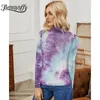 Turtleneck Tie Dye Kobiety Moda T-Shirt Spring High Neck Długi Rękaw Ladies Slim Fit Casual Tshirt Top 210510