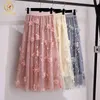 Летняя уличная одежда плюс размер L-4XL эластичная талия 3D вышивка цветы марлевые юбка сексуальная элегантная леди MIDI юбки 210520